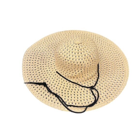 Straw Sun Hat Wide Brim Natural Black Strap Beach Pool Vacation Travel Cruise OS - Picture 8 of 8